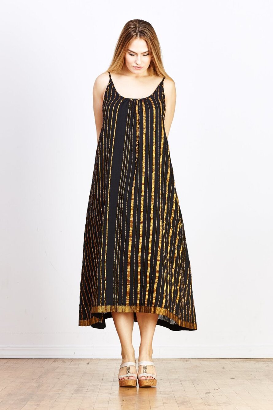 Aish Sultan Black & Gold Striped Slip Dress Maxi One Size OS Boho Luxury